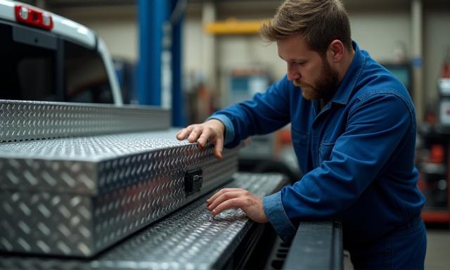Mechanic installing a commercial toolbox onto a truck bed