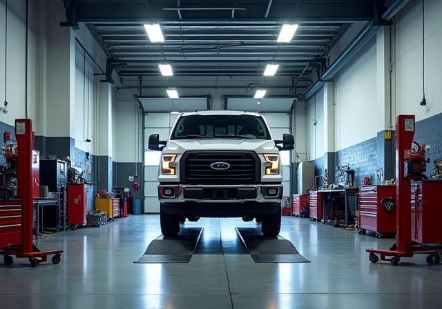 Inside Bilko Inc installation bay showing a truck on a lift
